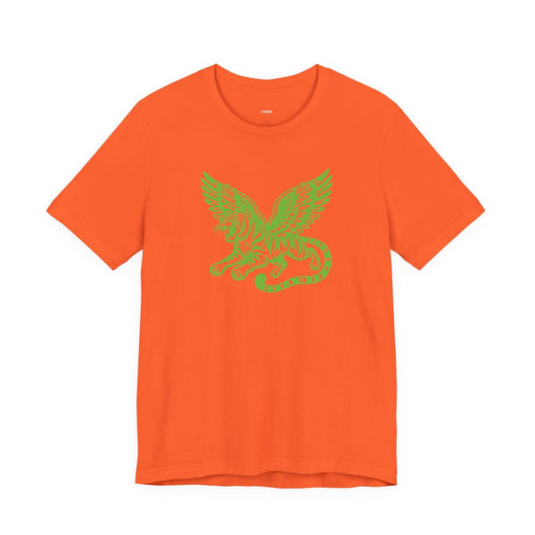 Orange Winged Tiger T-shirt with neon green mythical winged tiger graphic on chest, bold cotton tee for street style