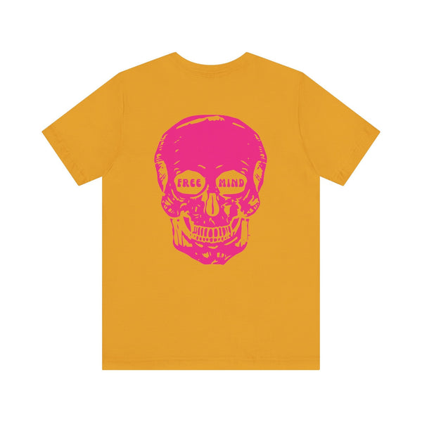 Mustard yellow statement streetwear t-shirt with oversized pink skull back print featuring "FREE MIND" eye detail.