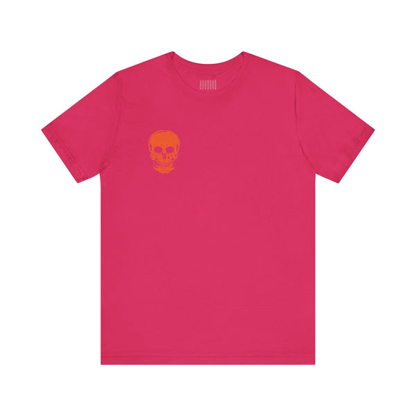 Orange Jumbo Skull Back Print featuring a Mini Orange Skull left Front Graphic Tee