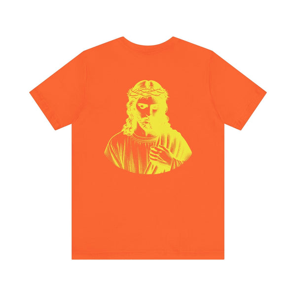 Orange Christian streetwear t-shirt with a jumbo yellow Jesus graphic on the back.