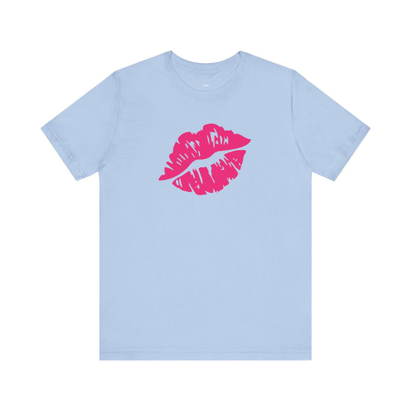 light blue unisex jersey tee with vibrant hot pink lip print graphic on front