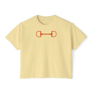 Cropped beige tee with orange horse bit front graphic, boxy fit, vintage pigment dye, and casual style.