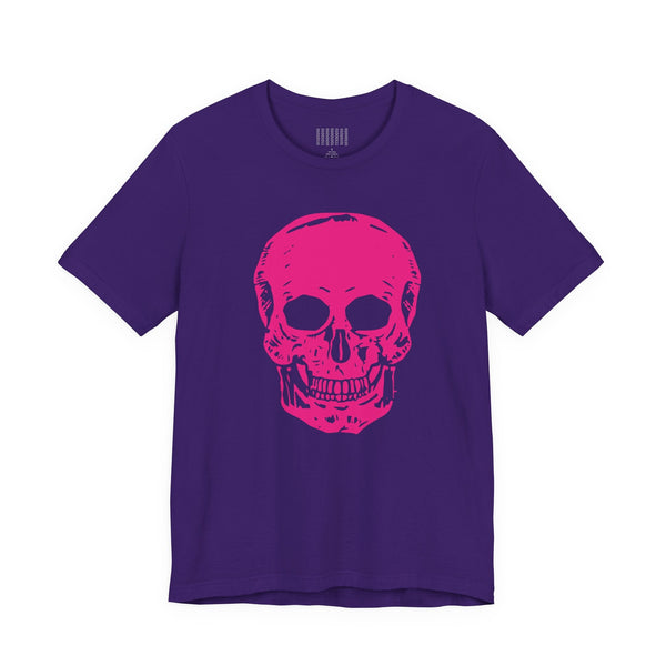 purple edgy t shirt with large neon pink skull graphic on front
