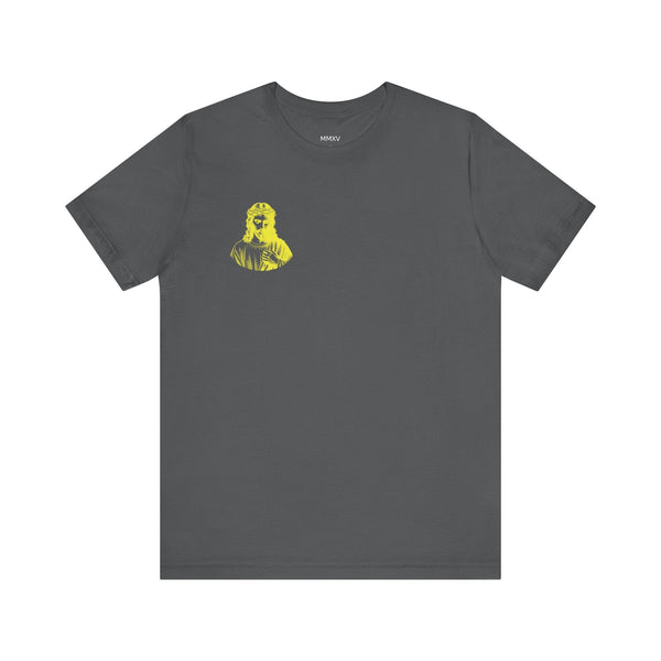 Yellow Mini Jesus in Crown of Thorns Front Left Print Graphic Tee - Iconic by Sandra Oles