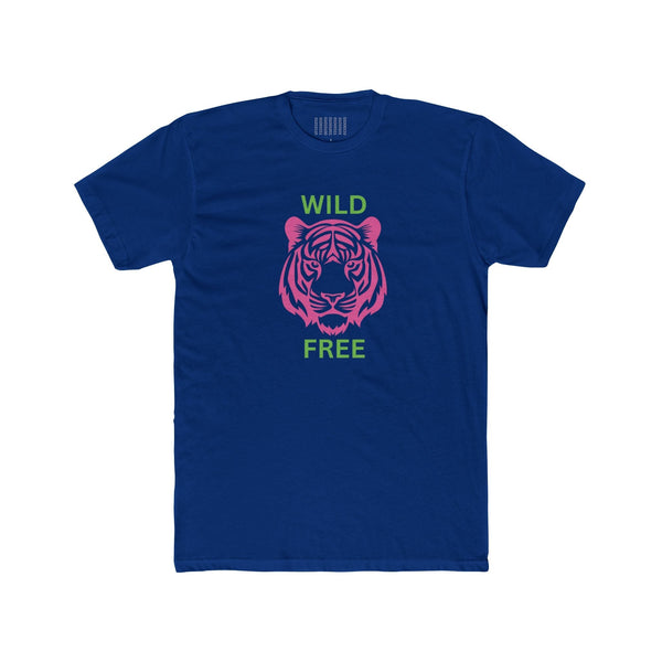 Blue crew neck tee with neon pink tiger graphic and green "WILD FREE" text, unisex cotton shirt