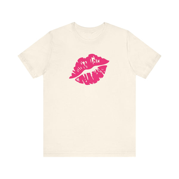 Cream unisex tee with bright hot pink lip print graphic on front, short sleeves, round neck, made from soft cotton