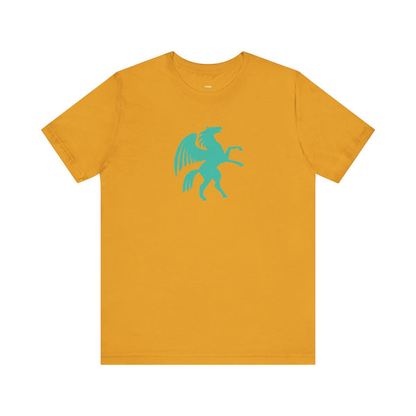 Mustard yellow tee with turquoise Pegasus graphic, cool graphic t shirts, unisex cotton shirt
