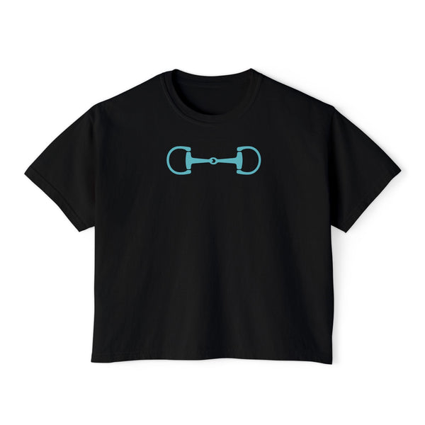 Black boxy tee shirt with aqua horsebit graphic, modern equestrian streetwear design
