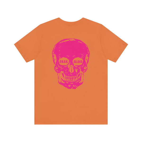 Orange tee with large pink skull back graphic and "Free Mind" text, statement streetwear design