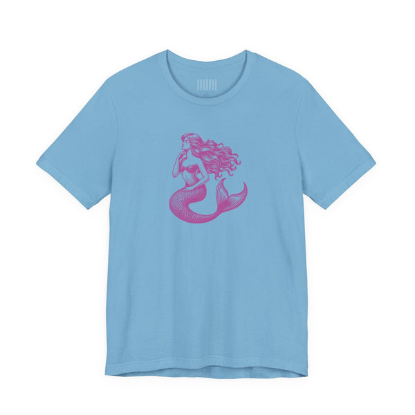 light blue unisex tee with magenta mermaid graphic print mermaid t shirt