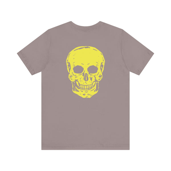 Unisex underground style gray tee with large yellow skull graphic on back and mini skull print on front, made from 100% cotton