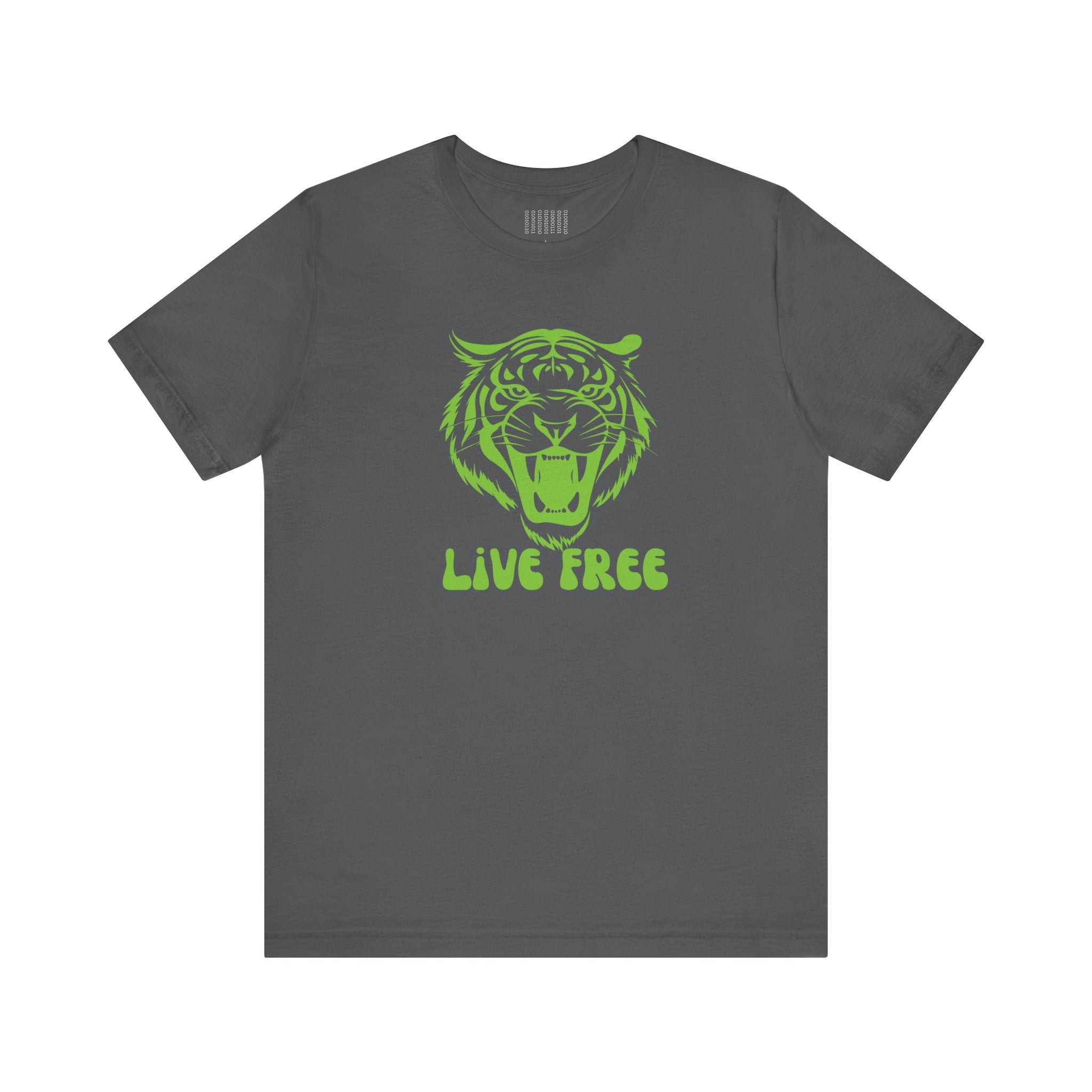 Dark gray t-shirt with a vibrant green tiger graphic and "LIVE FREE" text on the front, made of 100% lightweight cotton for streetwear style.