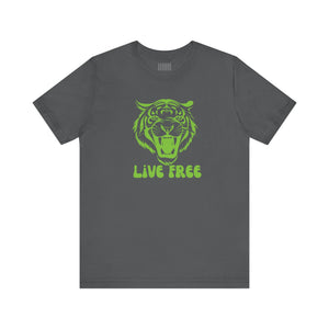 Dark gray t-shirt with a vibrant green tiger graphic and "LIVE FREE" text on the front, made of 100% lightweight cotton for streetwear style.