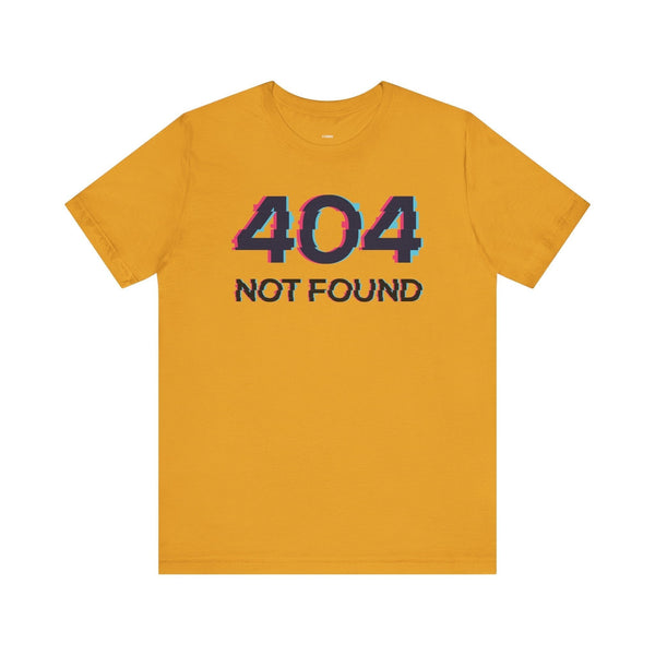 Yellow unisex short sleeve tee with glitchy "404 NOT FOUND" graphic print on front