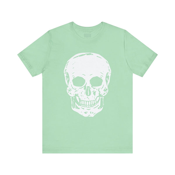 Mint green graphic tee with a large white skull print, classic fit and rock-and-roll style.
