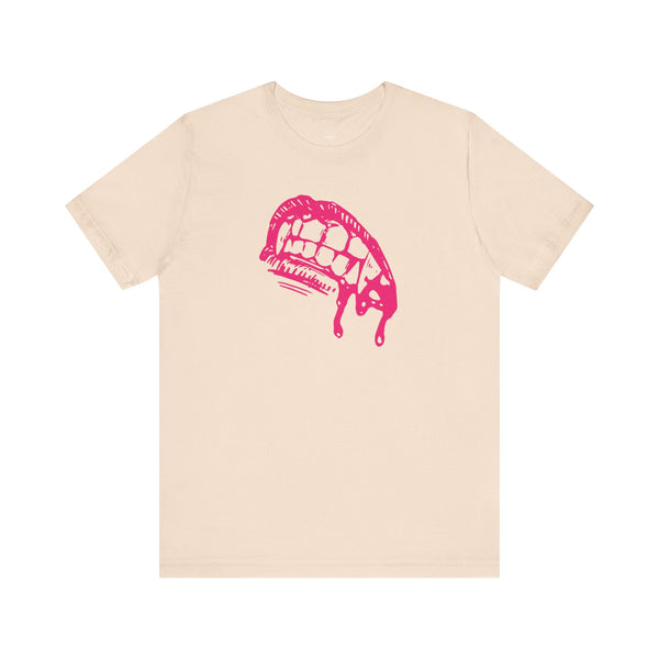 Pink vampire fang graphic t-shirt made of 100% lightweight cotton with a classic crew neckline.