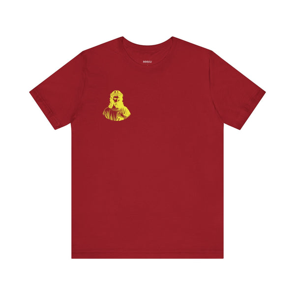 Yellow Mini Jesus in Crown of Thorns Front Left Print Graphic Tee - Iconic by Sandra Oles