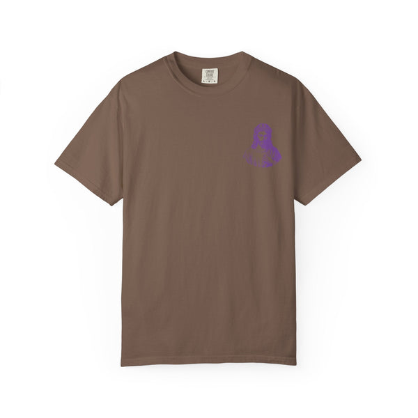Brown unisex Christian streetwear t-shirt with small purple Jesus graphic on left chest.