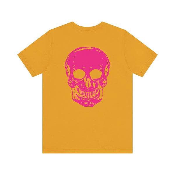 Hot pink skull graphic punk rock tee with jumbo skull print on back in mustard yellow shirt