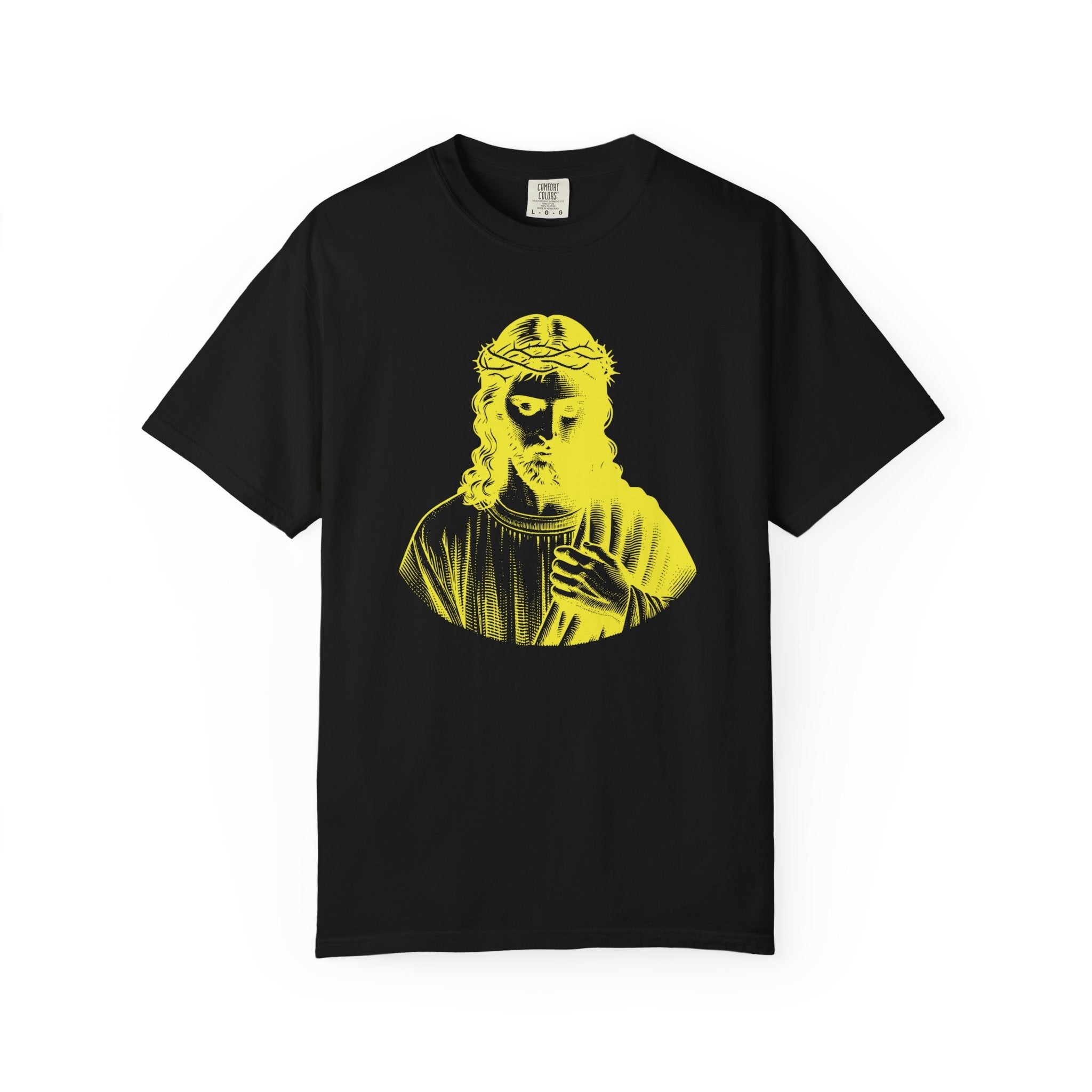 Black tee with yellow Jesus Crown of Thorns graphic Religious Graphic Tee