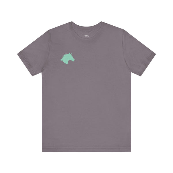 Minimalist gray t-shirt with a mint green horse head graphic on the left chest, equestrian-themed casual wear.