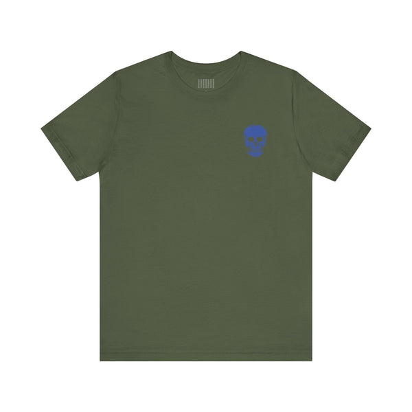 green unisex rocker tee with small blue skull graphic on front left side