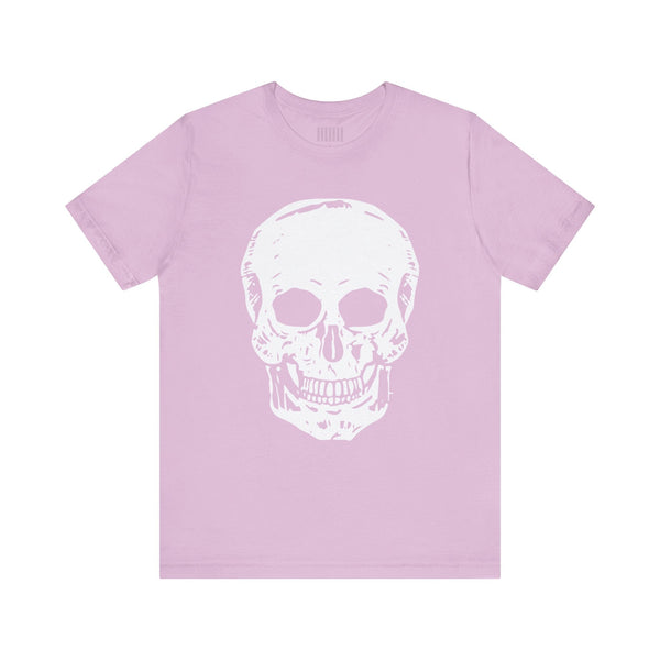 Light purple graphic tee with a large white skull design on the front, classic fit style