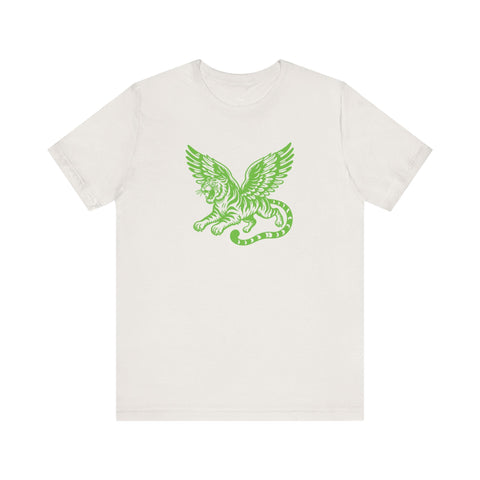 Unisex white jersey tee with neon green winged tiger graphic front print