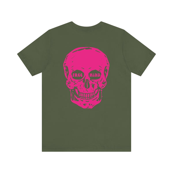 Olive green statement streetwear tee with oversized pink skull back print featuring "LIVE FREE" eye detail