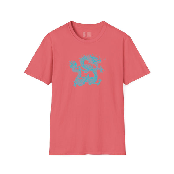 Unisex coral t-shirt with electric blue dragon graphic, soft and ethically sourced cotton dragon t shirt