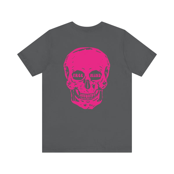 Gray statement streetwear t-shirt with oversized pink skull back print and "LIVE FREE" text in eye sockets