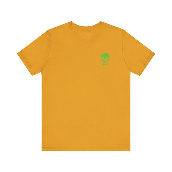 Mustard yellow tee with small green skull front graphic, music festival fashion style