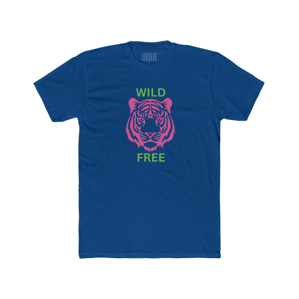 Blue unisex cotton tee with neon pink tiger graphic and green "WILD FREE" text, wild and free theme