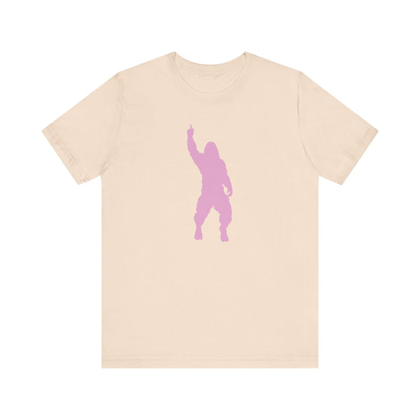 Beige bigfoot t shirt with a cheeky pink Sasquatch silhouette graphic, made from premium cotton with a unisex fit