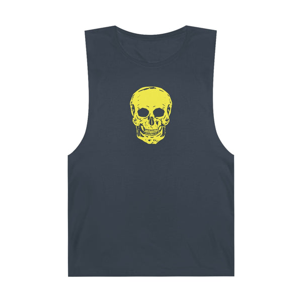 Festival style dark tank top with bold yellow skull graphic on front for streetwear