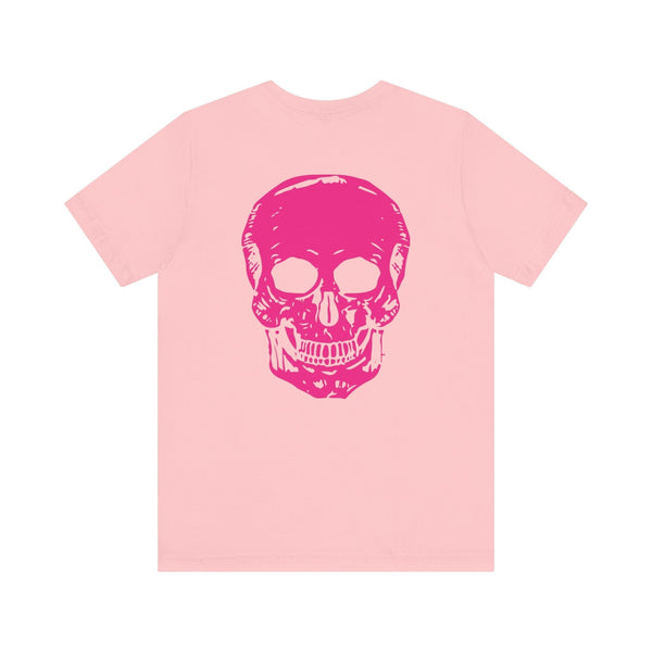 Pink punk rock t-shirt with bold bright pink skull graphic on the back
