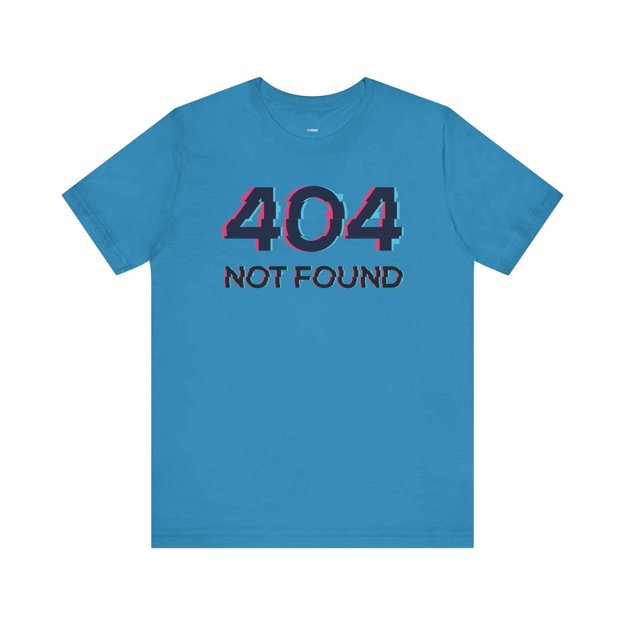 Blue unisex short sleeve t-shirt with glitchy "404 NOT FOUND" graphic on the front.