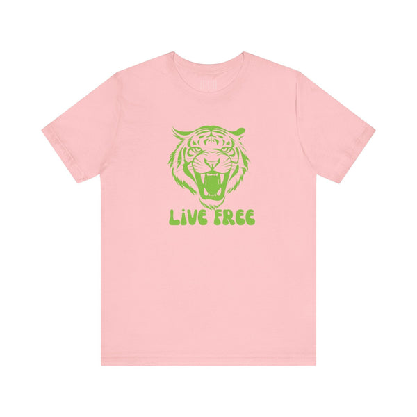 Pink t-shirt with a bold green tiger graphic and "LIVE FREE" text, made from lightweight cotton for streetwear style.