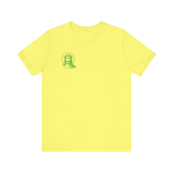Green Mini Jesus With Halo Left Front Print Graphic Tee - Iconic by Sandra Oles