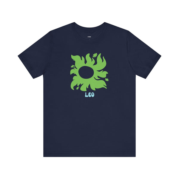 Navy blue unisex Leo t shirt with green Leo sunburst graphic and star accents, soft cotton cosmic astrology tee