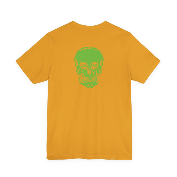 Mustard yellow t-shirt with bold green skull print and "Live Free" design on the back, streetwear style.