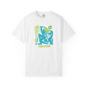 White Aquarius zodiac graphic tee with vibrant aqua blues and neon greens water-bearer and celestial design