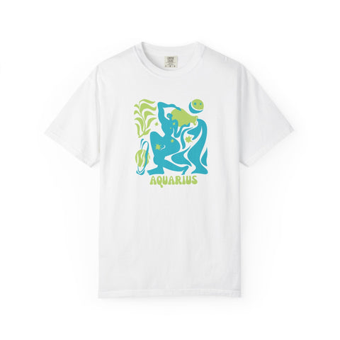 White Aquarius zodiac graphic tee with vibrant aqua blues and neon greens water-bearer and celestial design