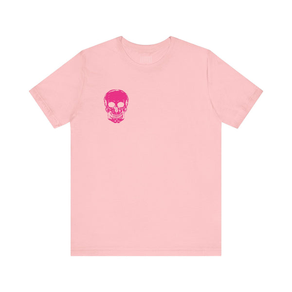 Pink punk rock t-shirt with bold mini pink skull print on left chest, made of 100% cotton, streetwear style.