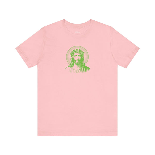 Green Mid-Scale Jesus with Halo Front Print Graphic Tee - Iconic by Sandra Oles