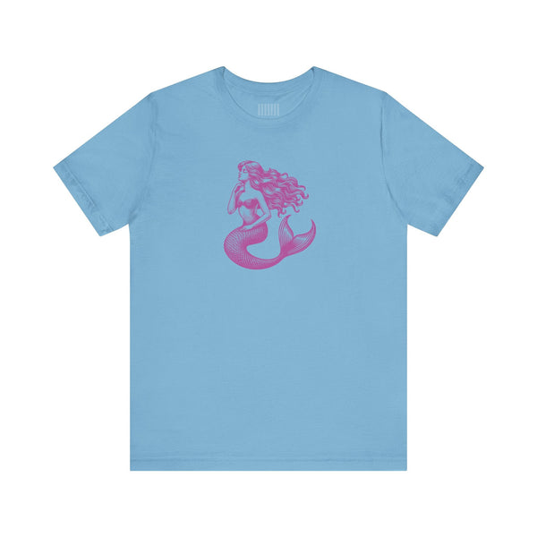 Blue unisex t-shirt with magenta mermaid siren graphic, lightweight and breathable mermaid t shirt