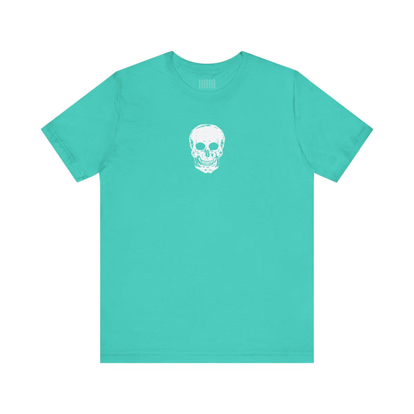 Turquoise t-shirts with centered small white skull print on chest, made from soft cotton for casual streetwear.