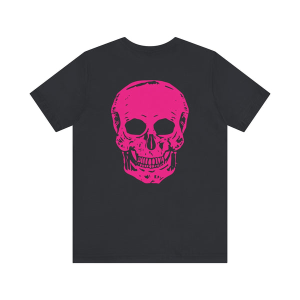 black punk rock tee with jumbo hot pink skull graphic on the back