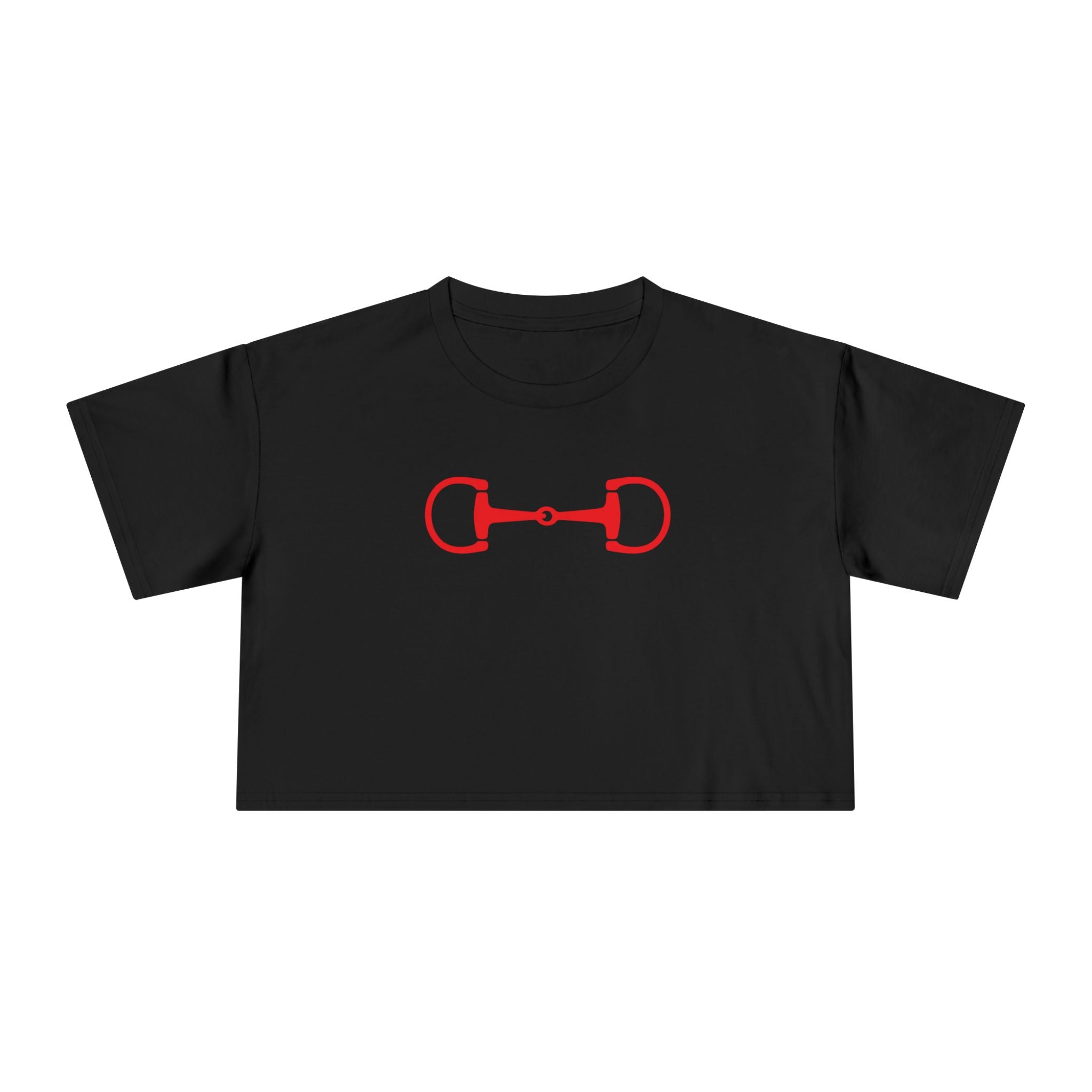 Black cropped tee with red horsebit design, relaxed dropped shoulder fit, made of soft high-quality cotton.