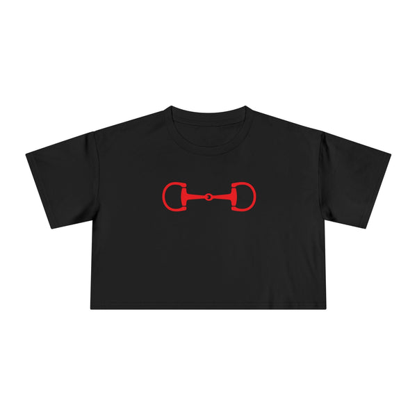 Black cropped tee with red horsebit design, relaxed dropped shoulder fit, made of soft high-quality cotton.
